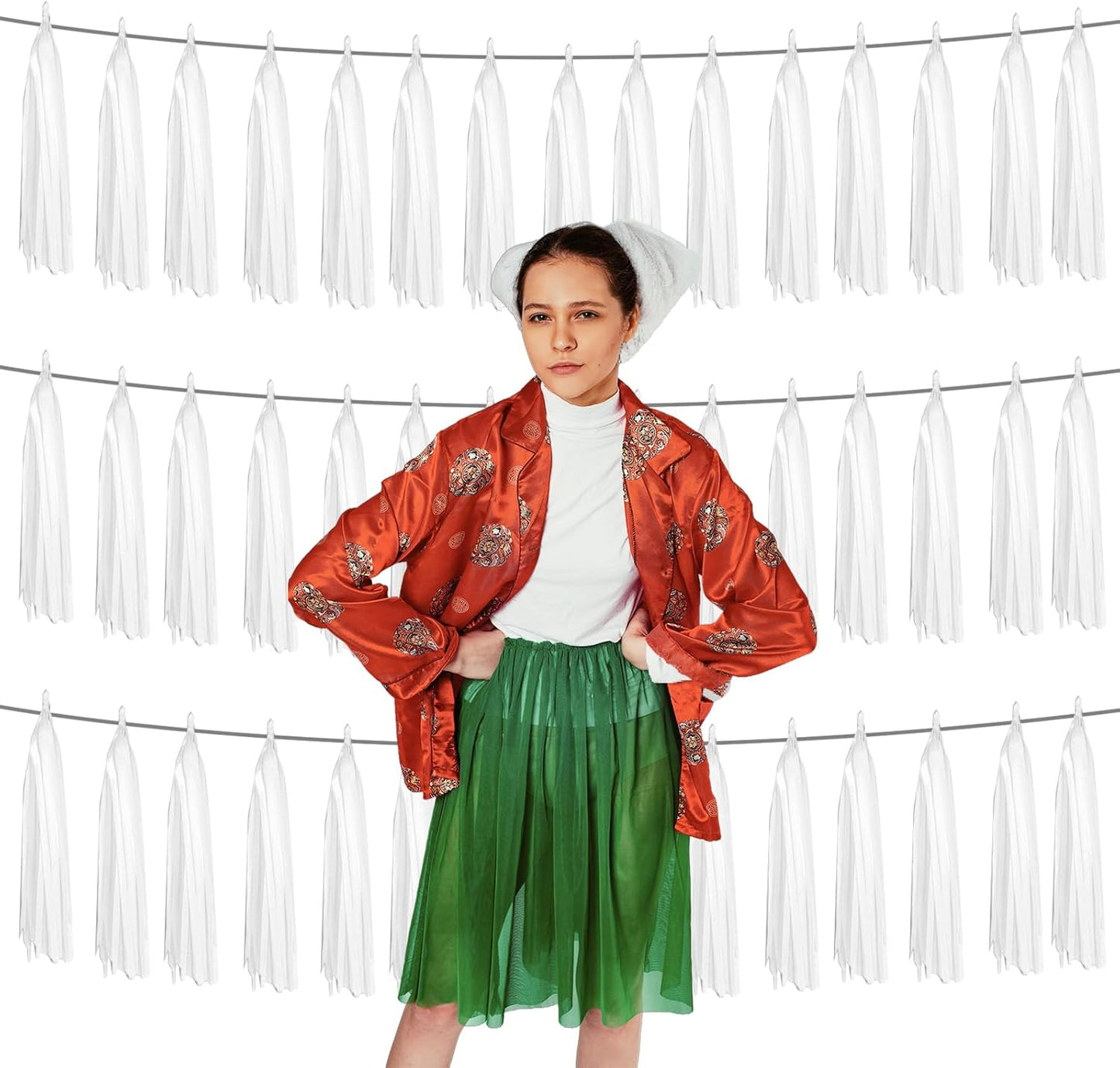 3P White Foil Fringe Metallic Tassel Streamers Banner Tassel Garland for Parade Floats, Graduation, Wedding, Birthday, Halloween, Christmas, Bridal/Baby Shower Party Decorations