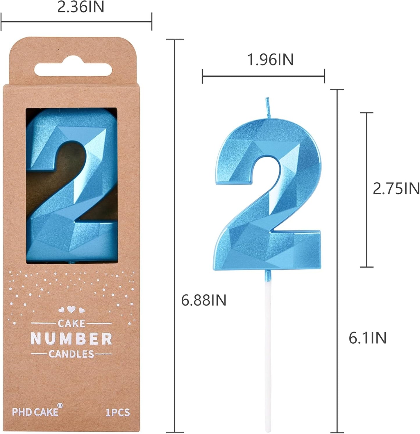 PHD Crystal Blue 2.76 Inch 2 Number Birthday Candles for Cake and Party Celebration