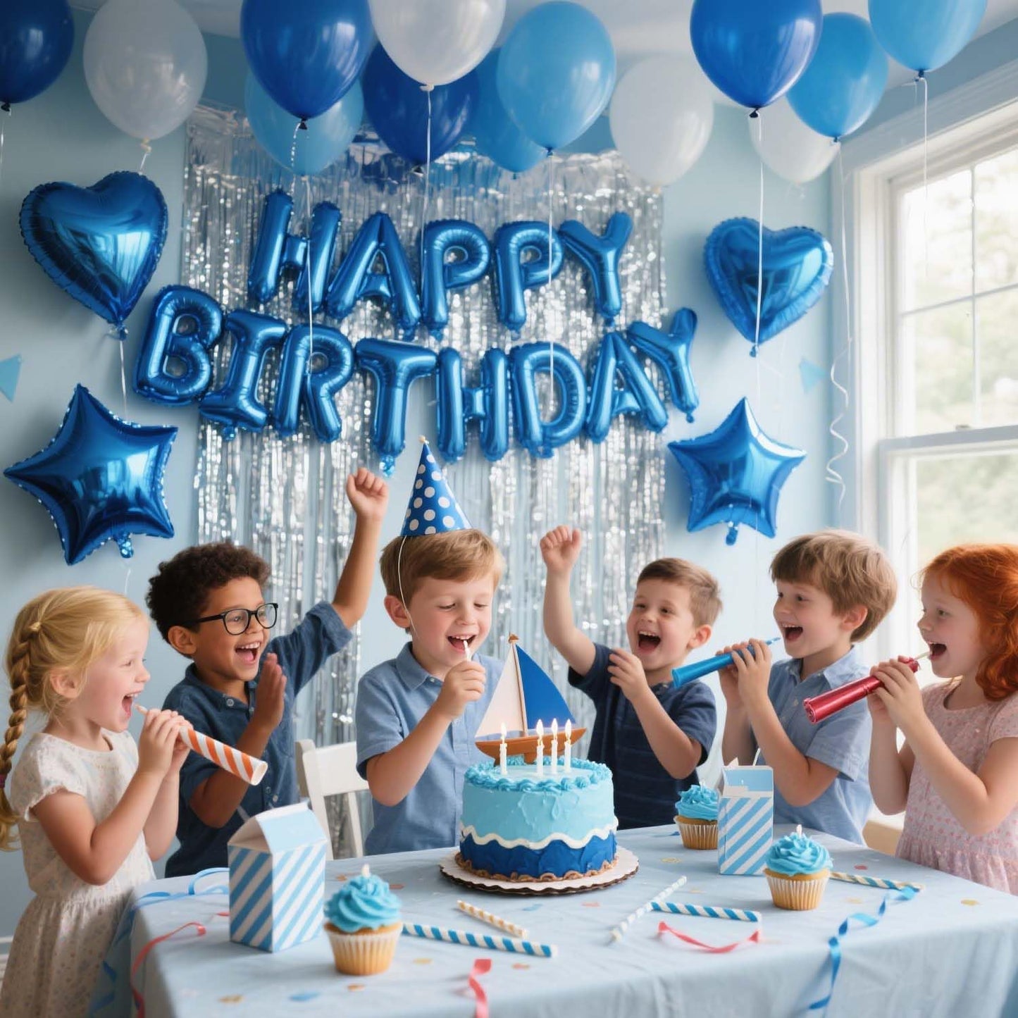 29 Pcs Blue Birthday Party Decorations - Happy Birthday Balloons Banner Blue, Heart & Star Foil Balloons, Confetti & Latex Balloons, Foil Fringe Curtains Party Supplies for Men, Boys