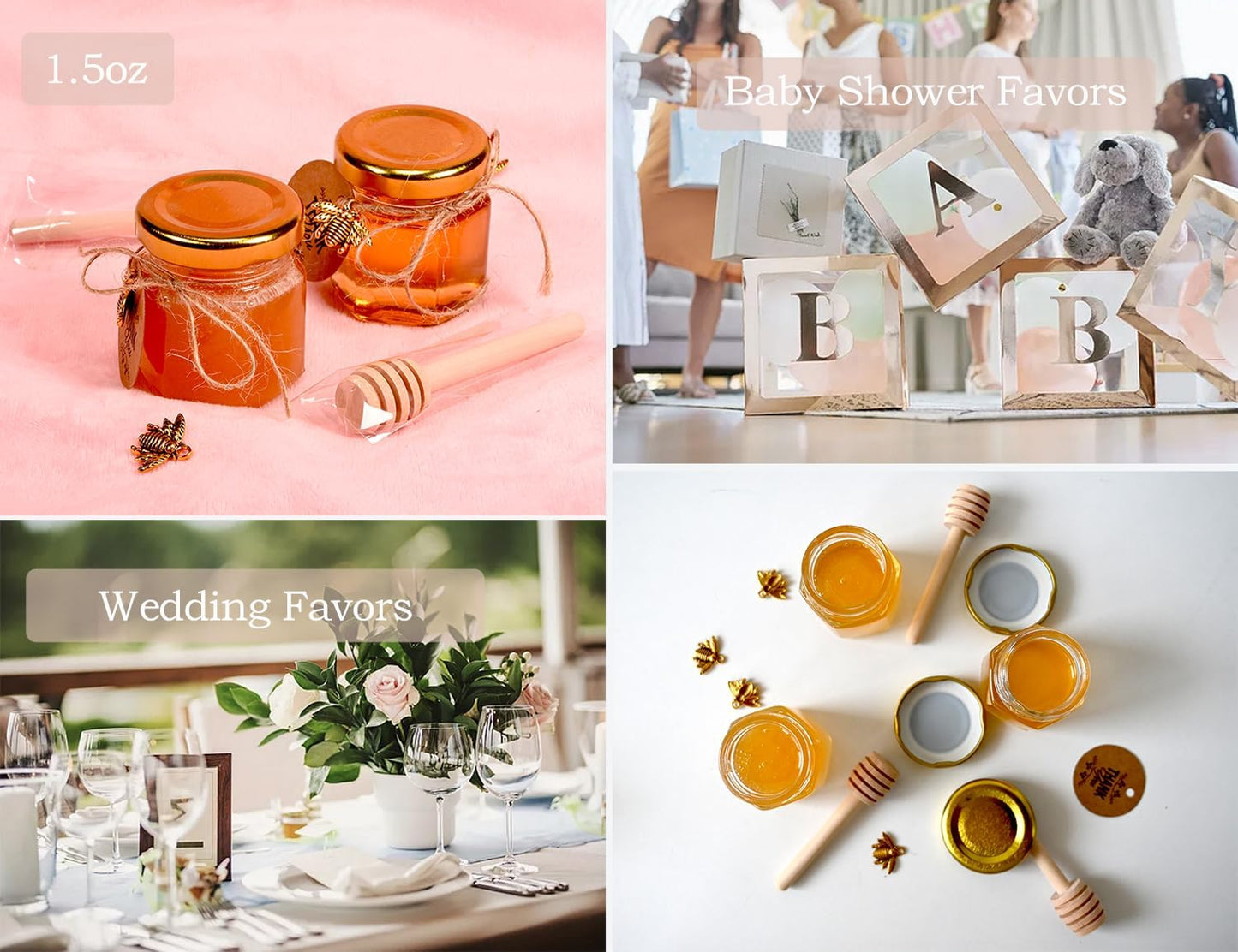 Adabocute 20 Pack Mini Honey Jars with Dipper - Mini Honey Jars for Baby Showers & Wedding Gifts - Gold Lids, Bee Pendants, Jutes and Gift Bags