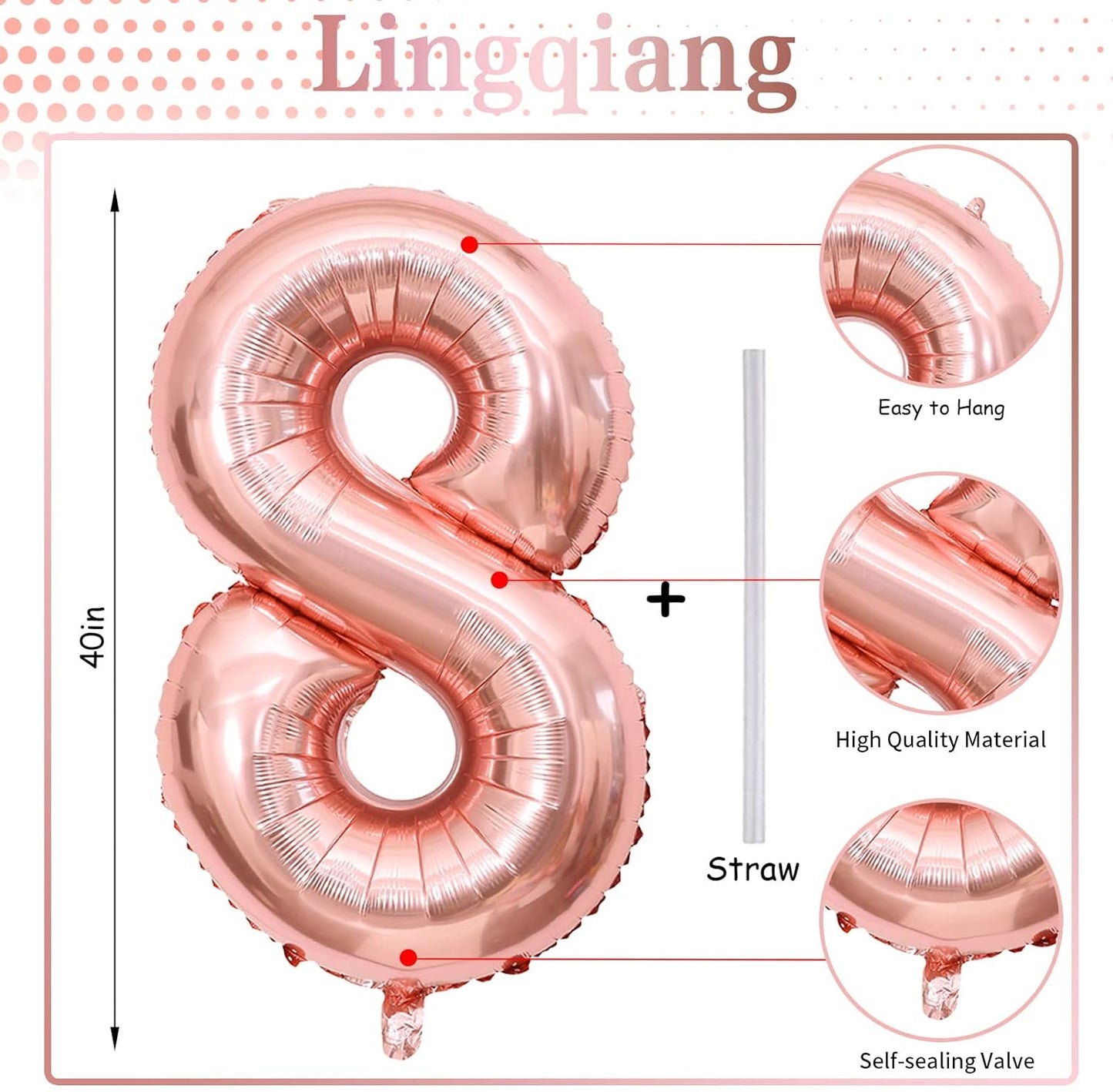 Rose Gold 8 Balloons, 40 Inch Large Foil Number Balloons Set 0-9, Self Inflating Digital 8 Helium Balloon for Girls Women 8th 18th 80th Age Birthday Anniversary Party Decorations Photo Shoot Supplies