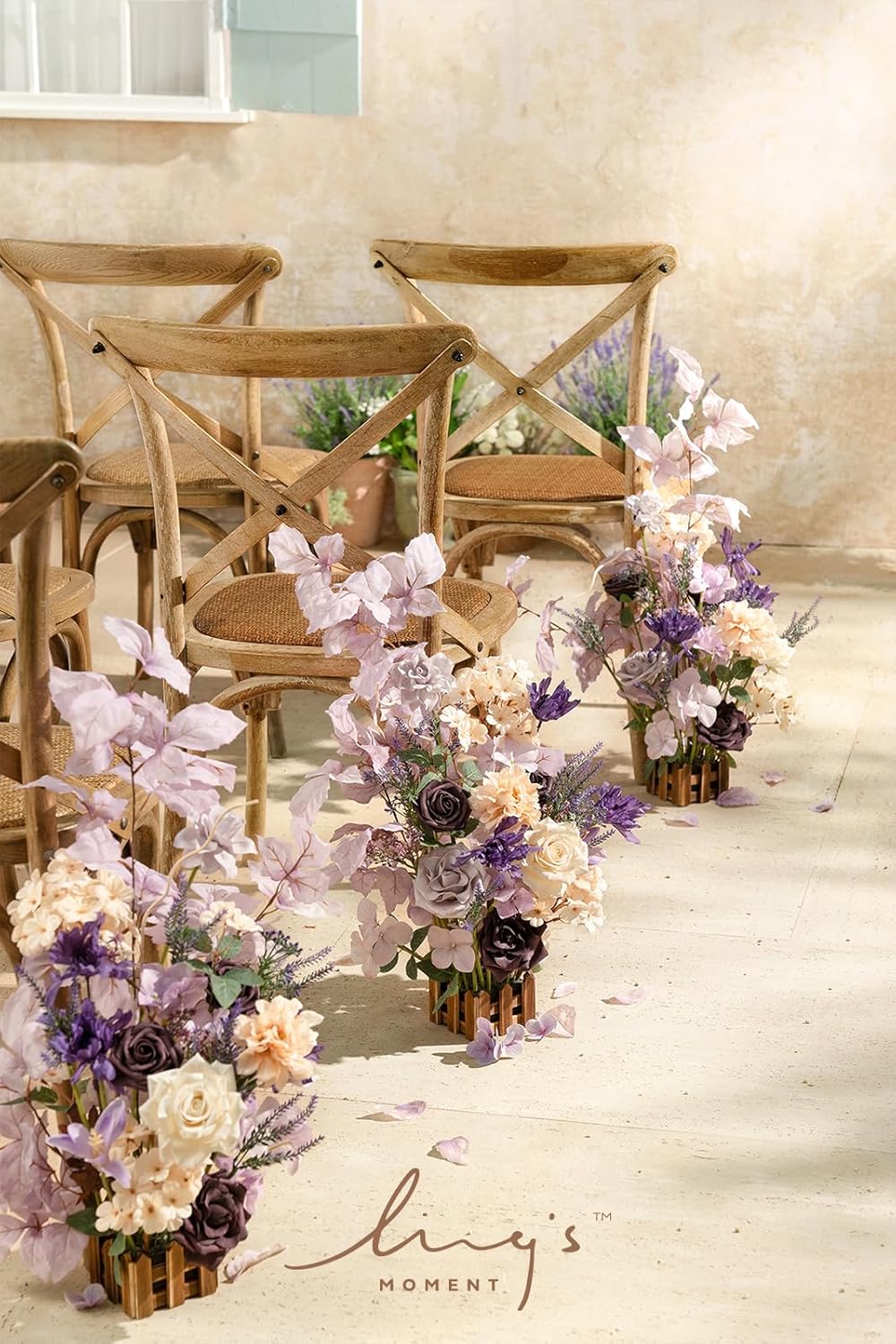 Ling's Moment 17.5" Tall Standing Artificial Flowers Arrangements 4 pcs Wedding Aisle Runner Chair Decorations French Lavender Plum Centerpieces Ceremony Reception Rose Floral Party Outdoor