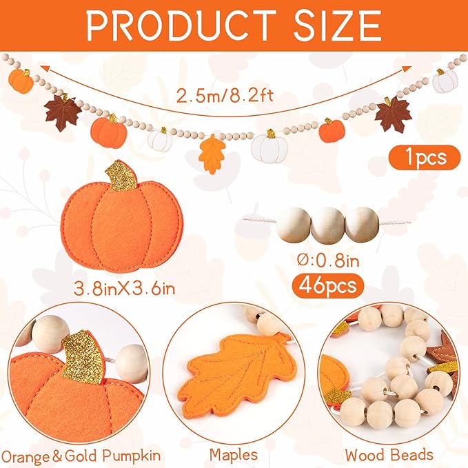 Fall Decorations for Home Felt Pumpkin Garland and Wood Bead Felt Pumpkins Hanging Garland Maple Leaf Banner for Thanksgving Decorations Indoor Fall Harvest Festival Halloween Wall Decor (8.2ft)