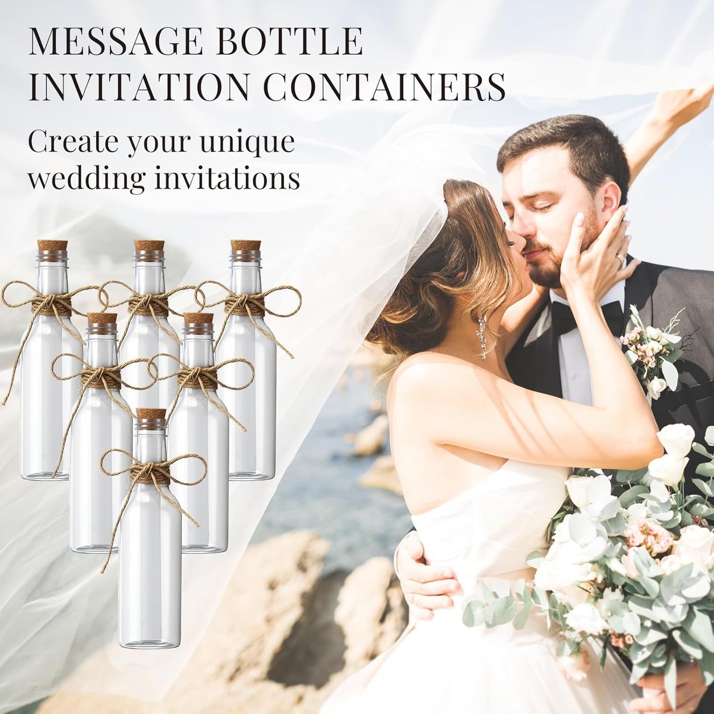 Baderke 24 Pcs 5.6 oz Message Bottles with Letter Printer Paper Plastic Bottles & Corks Twines for Message Invitations Birthday Wedding Baby Shower DIY Crafts Gift Party Favors (White)