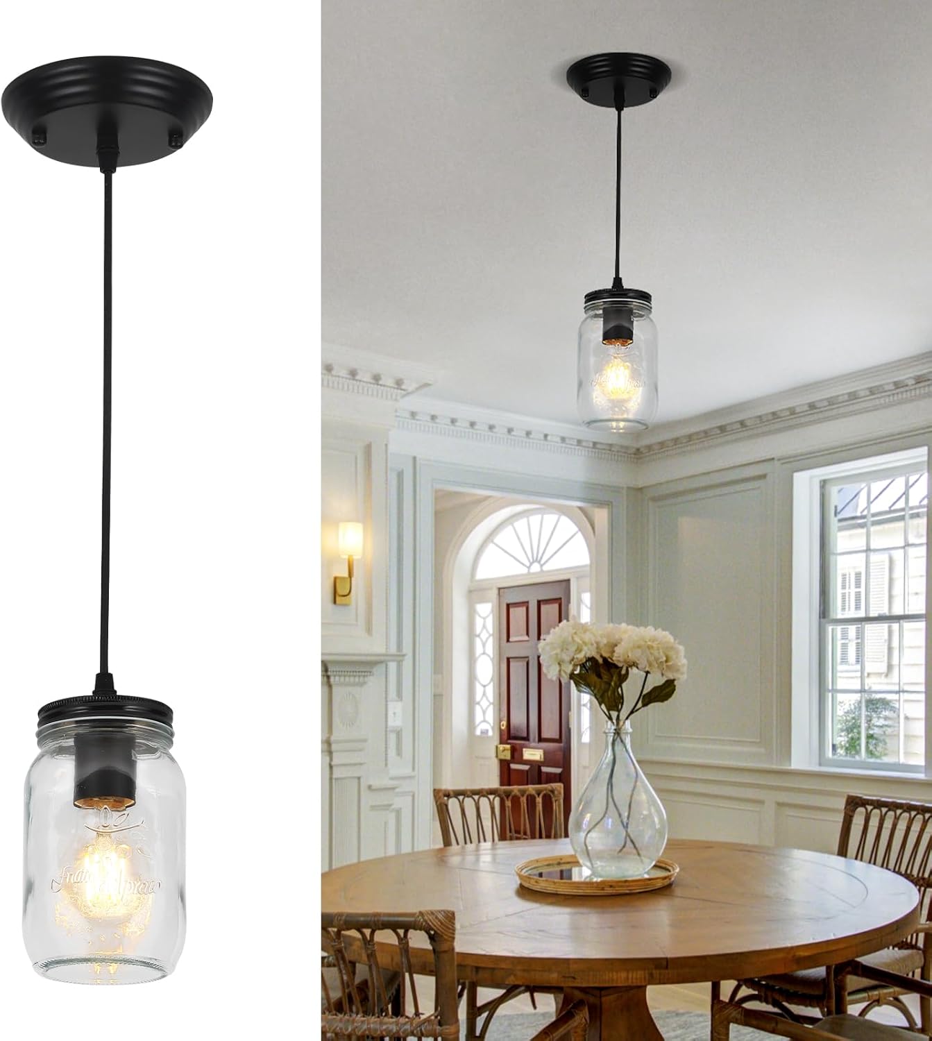 Glass Pendant Lights Kitchen Island, 1-Light Black Pendant Light Fixtures with Mason Jar Clear Glass Shade, Farmhouse Hanging Light for Kitchen Sink Dining Room Bedroom Hallway