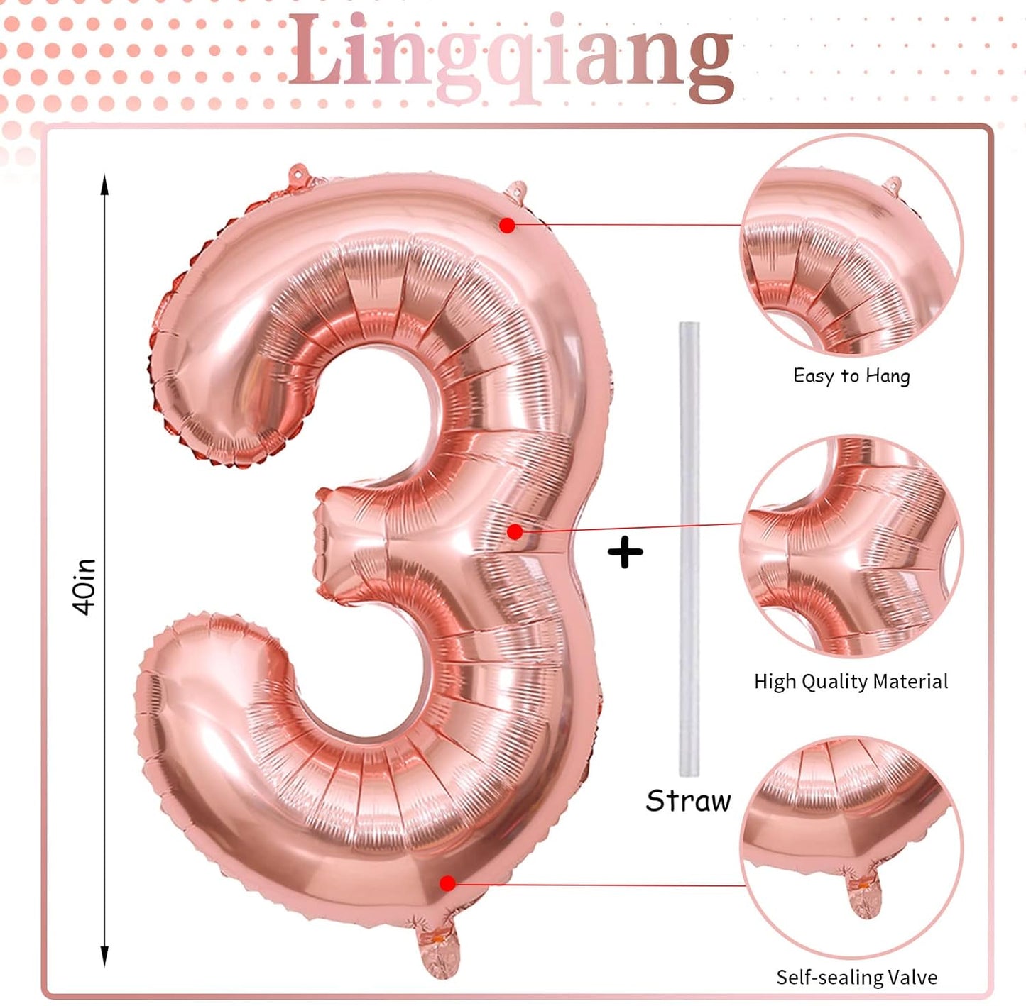 Rose Gold Number 3 Balloon for Girls, 40 Inch Large Number 0-9 Foil Mylar Helium Digital Balloons Set for Women Birthday Graduation Anniversary New Year Wedding Party Decorations Celebration Supplies