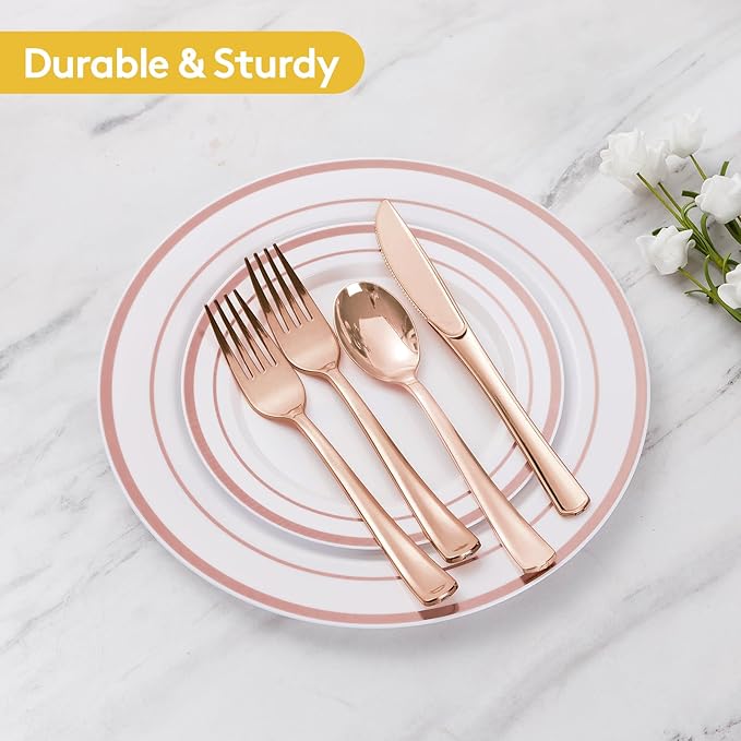 Goodluck 50 Pack Pre Rolled Rose Gold Plastic Silverware, Wrapped Plastic Cutlery Set with Napkin Include 50 Forks, 50 Knives, 50 Spoons and 50 Napkins, Fancy Disposable Silverware for Party, Wedding