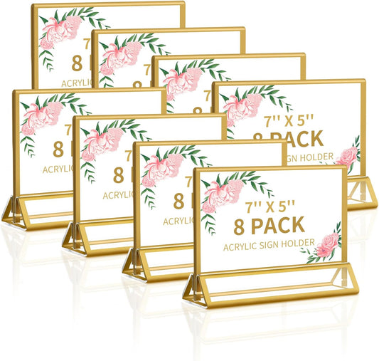 Smarpau 7x5 Gold Acrylic Sign Holder, 8 Pack Double Sided Holders Menu Holder for Wedding Party, Picture Frames Stands, Flyer Stand, Paper Display Stand Table Number Holders for Cafe, Restaurant