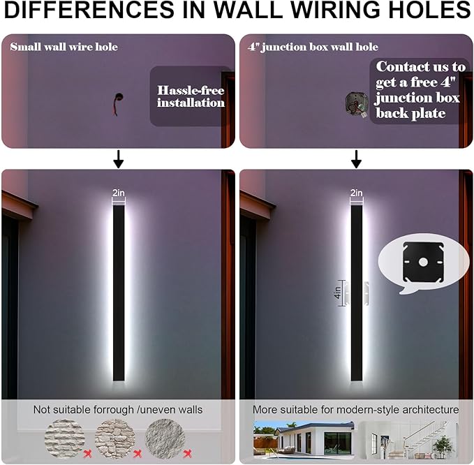 Modern Outdoor Wall Light, 2 Pack 47in Exterior Wall Lights Dimmable, Waterproof Black Outdoor LED Lights Porch Long Strip Wall Sconce Wall Mount for Living Room Garage