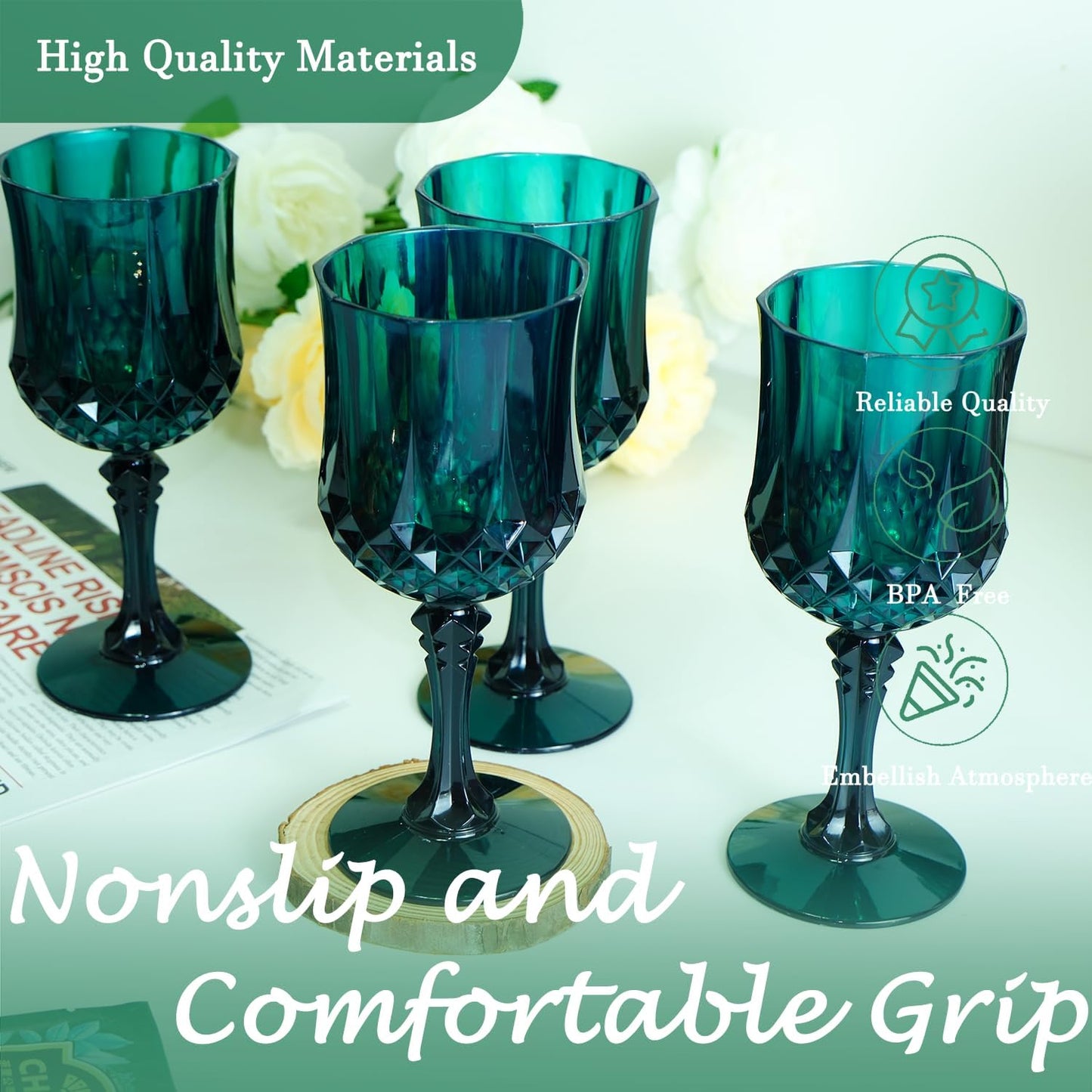 Plastic Wine Glasses，Plastic Goblets Vintage Style Cordial Drinking Glasses for Wedding Reception, Christmas Grand Event Party Supplies (24, Green)