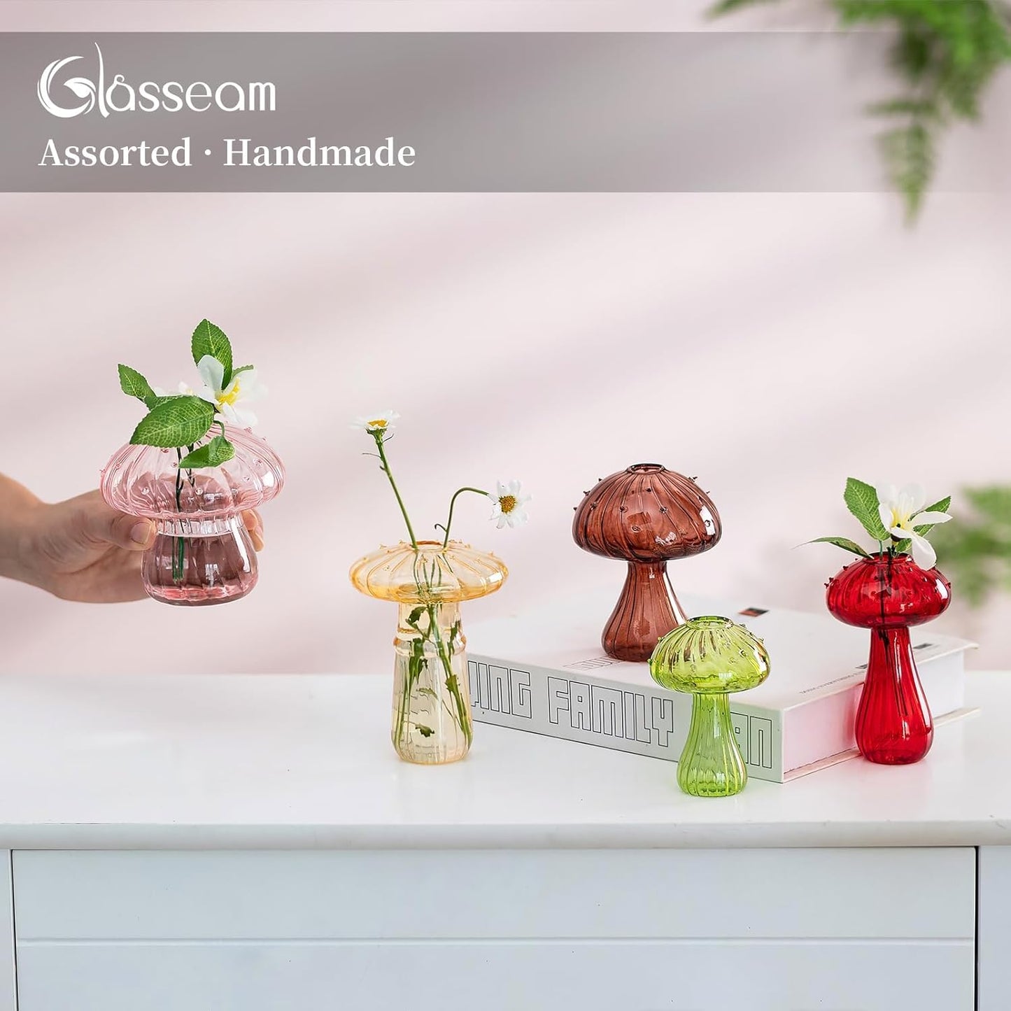 Glasseam Mushroom Glass Planter, Set of 5 Colored Plant Propagation Station, Mini Terrarium for Plants, Unique Small Glass Vase for Flowers, Cute Hydroponic Indoor Planters Gifts for Women Room Decor
