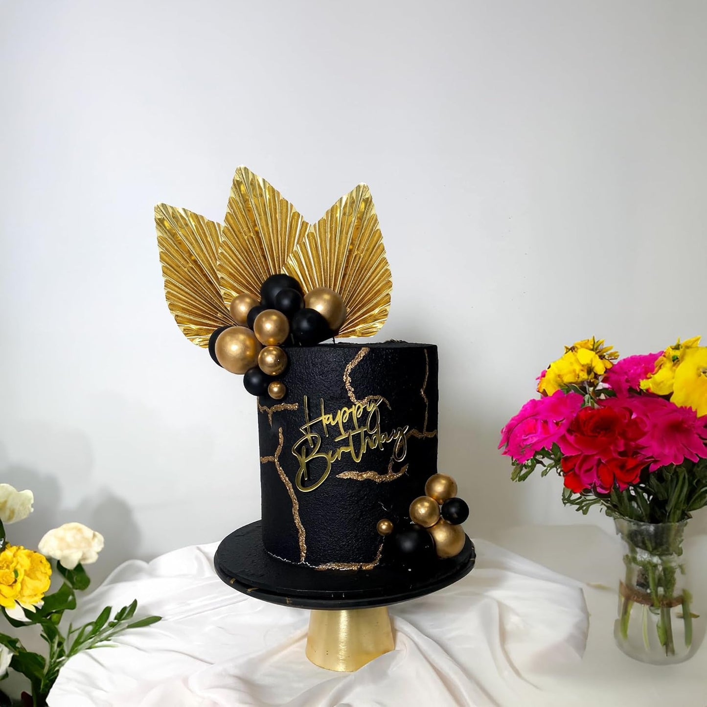 Gyufise 6Pcs Paper Palm Fan Cake Toppers Palm Spear Leaves Fan Cupcake Toppers Cake Insert Decorations Craft DIY Cake Bakeware Decoration for Birthday Party Wedding Party Decor Supplies Light Gold