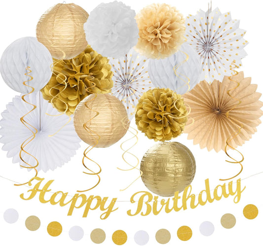 White Champagne Gold Birthday Party-Decorations - 21pcs Happy Birthday Banner,Paper Lanterns,Tissue Pom Poms Flower Fan,Honeycomb Ball,Swirl Streamers Garland Supplies Women Men Decor Huglony