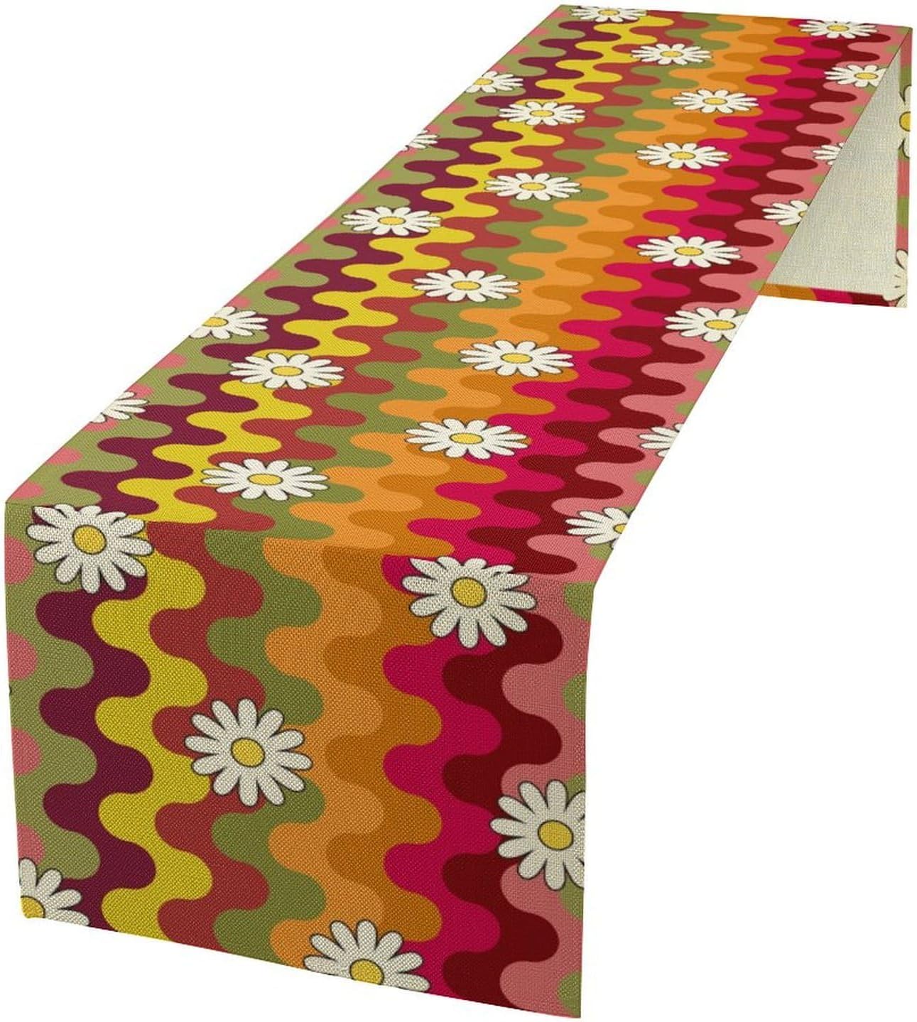 Vintage Floral Table Runner,60s 70s Colorful Retro Abstract Hippie Print Table Runner for Kitchen Dining Table Home Party Decoration 13x108 Inch