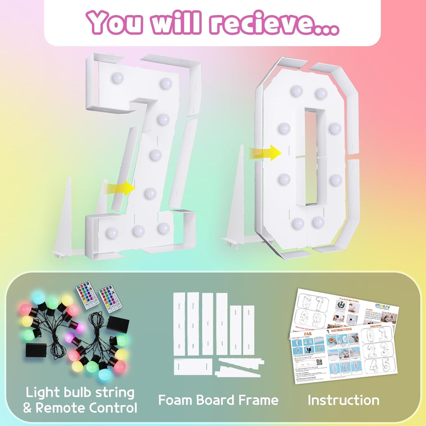 Marquee Numbers 70th-Birthday Decoration: Colorful 3FT Large Light Up 70 Year Old Birthday Decorations Anniversary Backdrop for Boys Girls Cardboard Sign 18 Colors Number 70 Mosaic Balloon Frame