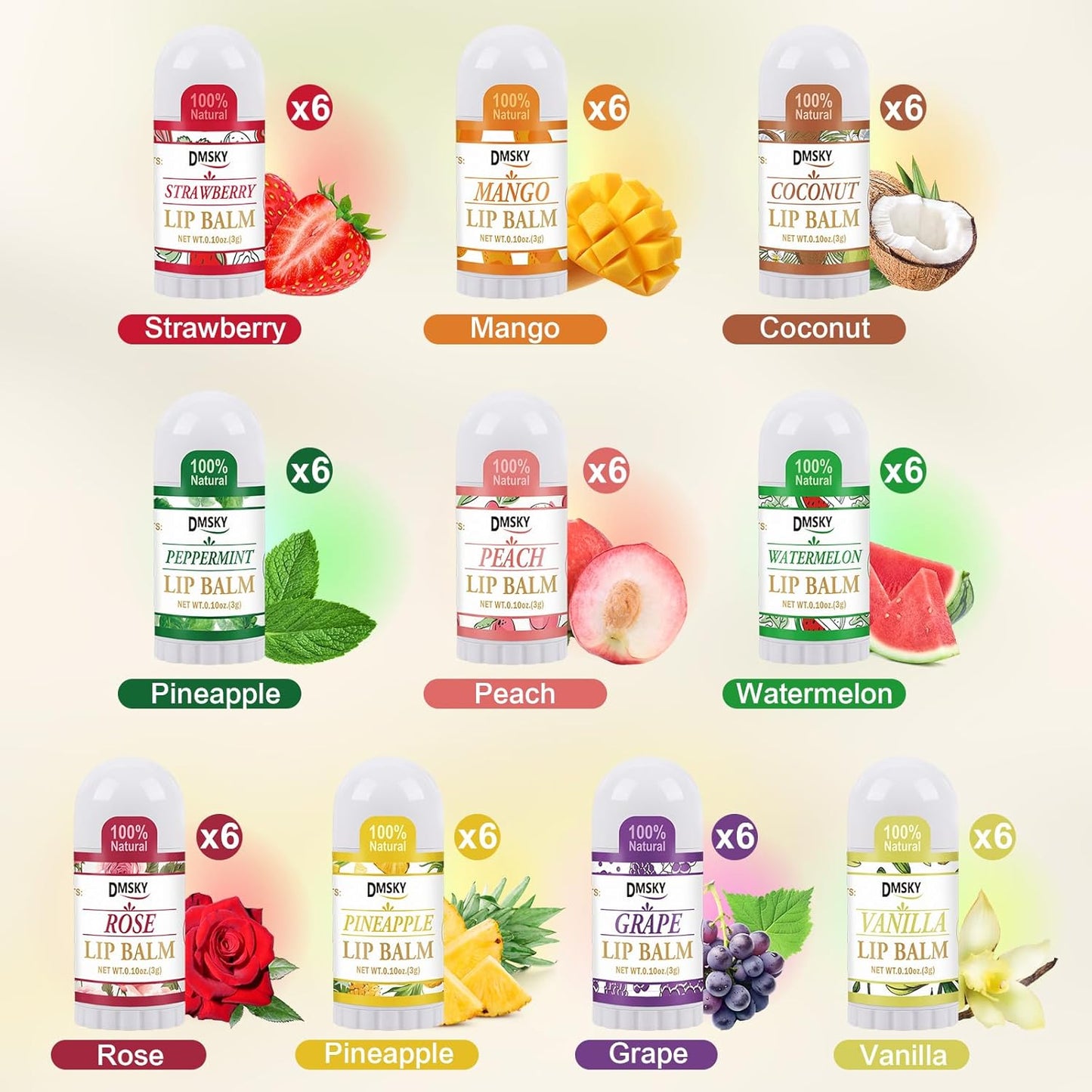 DMSKY Mini Lip Balm 60 Pack, Natural Lip Balm Bulk with Vitamin E and Coconut Oil, Moisturizing Lip Balms for Dry Cracked lips - 10 Flavors