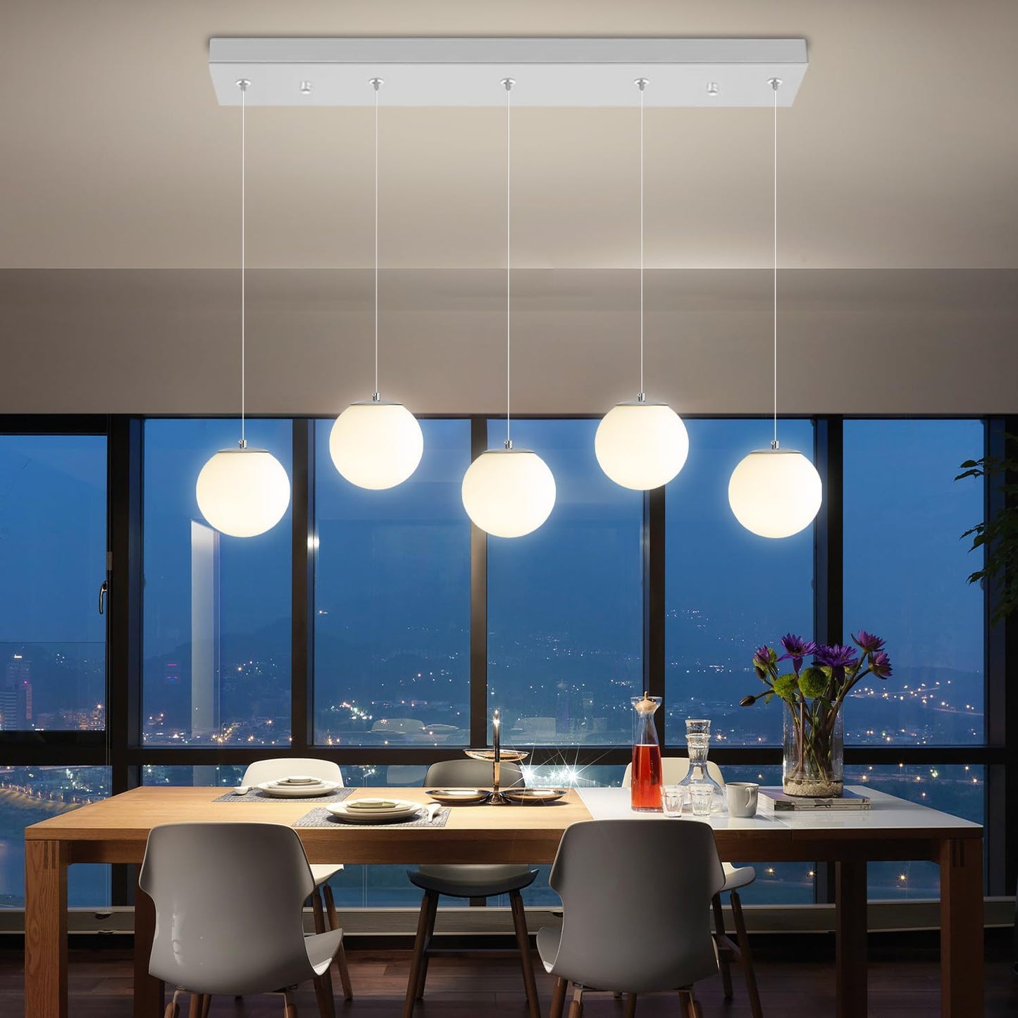 5-Lights Globe Pendant Light for Kitchen Island H 98" Silver Rectangle Chandelier Milk White Glass Pendant Lighting for Living Room Bedroom Entryway
