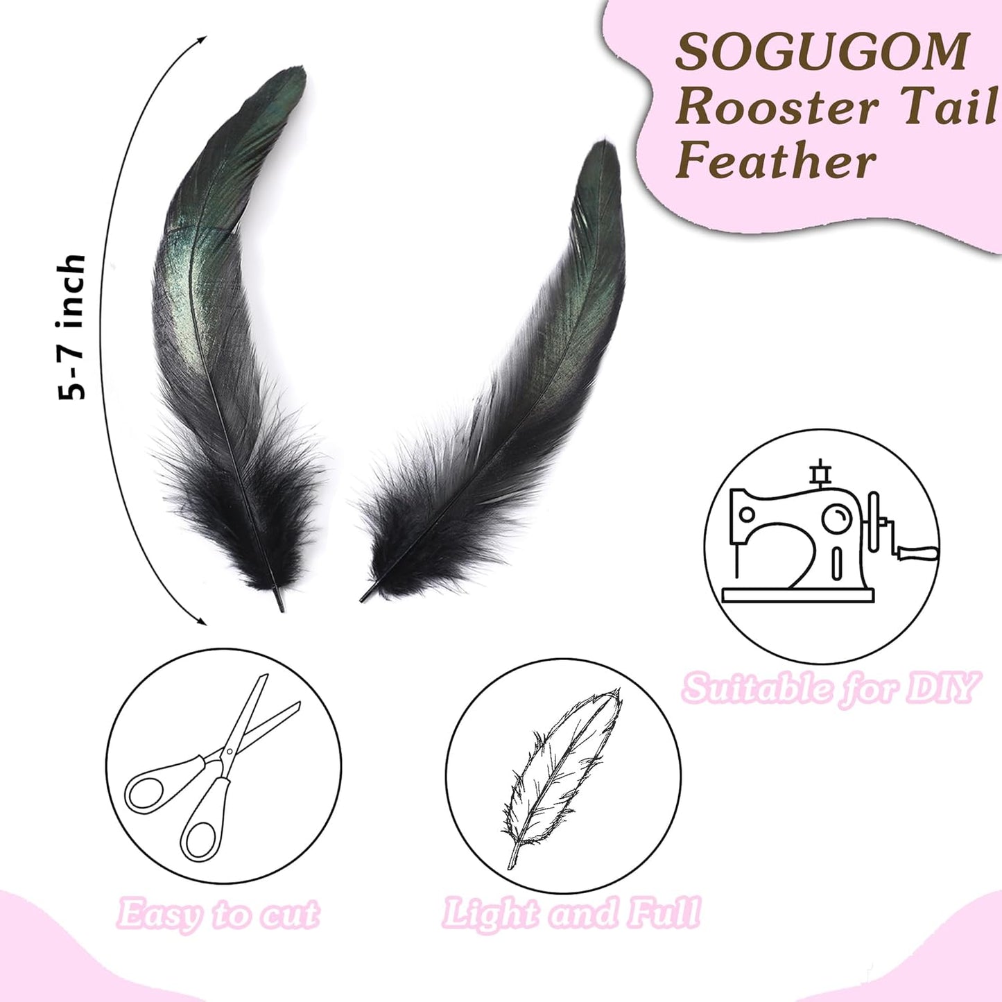 SOGUGOM Green Rooster Tail Feathers - 200 pcs 5-7 inch Natural Rooster Tail Feathers Bulk for Mardi Gras, Costume and Party(Green)