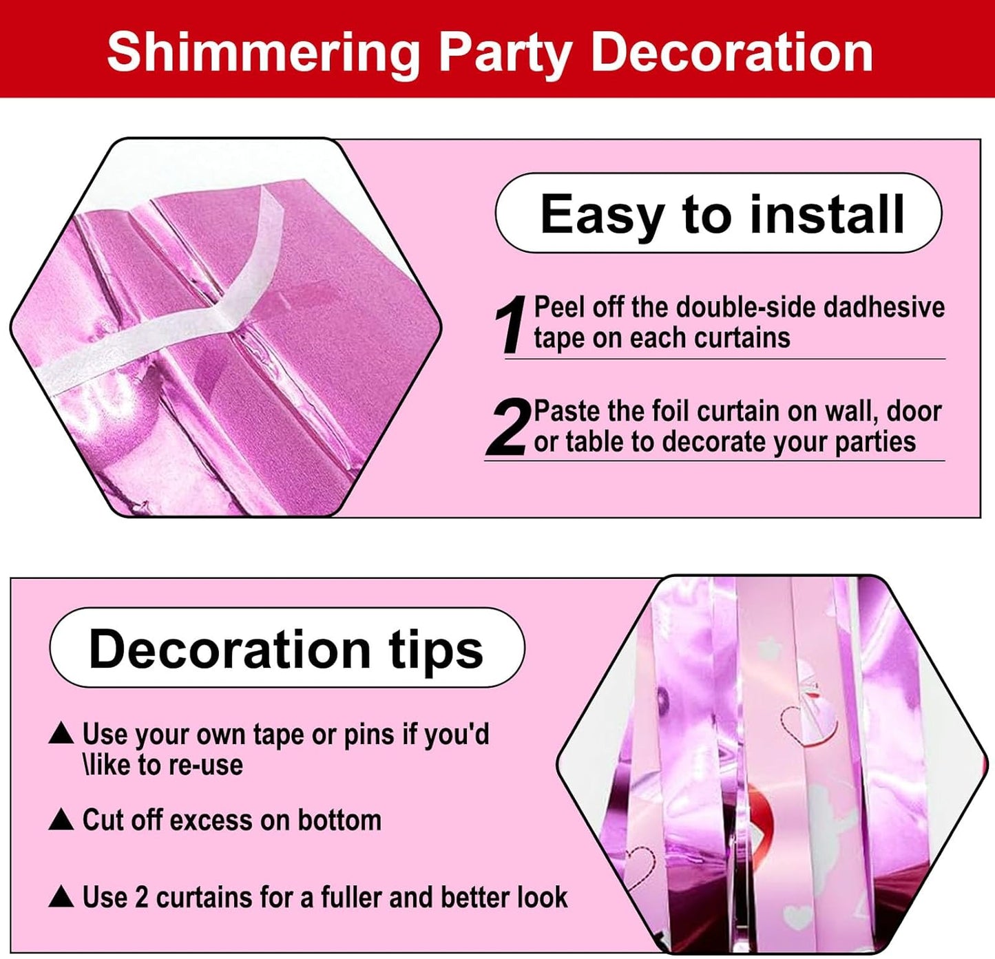 4 Pack Love Pink Wave Foil Fringe Curtain Backdrop, 3.28Ft x 8.2Ft Metallic Tinsel Foil Fringe Streamer Curtains for Photo Booth, Mother's Day, Easter, Birthday, Wedding Party Decoration