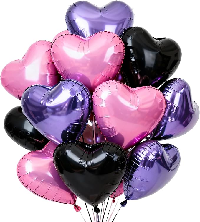 TONIFUL 30Pcs 18 Inch Black PInk Light Purple Balloons Heart Shape Foil Mylar Banners Decoration for Birthday Valentine's Day Wedding Bridal Shower Anniversary Engagement Party Supplies