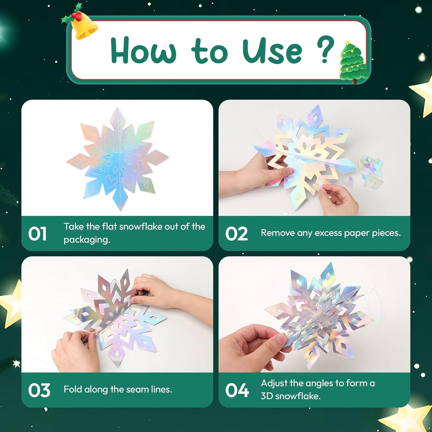 Benbilry 3D Hanging Snowflake Decorations for Christmas Tree, 24pcs 3 Size Winter Wonderland Decorations for Frozen Birthday Party, Christmas Home Decor - Iridescent