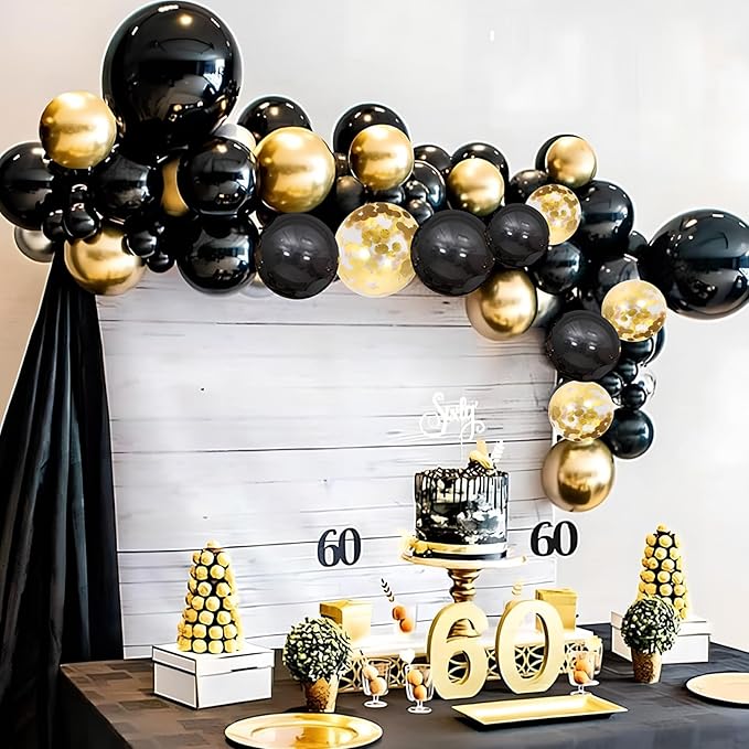 Black and Gold Metallic Chrome Balloons Set, 67pcs 12 inch Latex Party Balloons for Birthday Party Graduation Anniversary Baby Shower Wedding Decorations