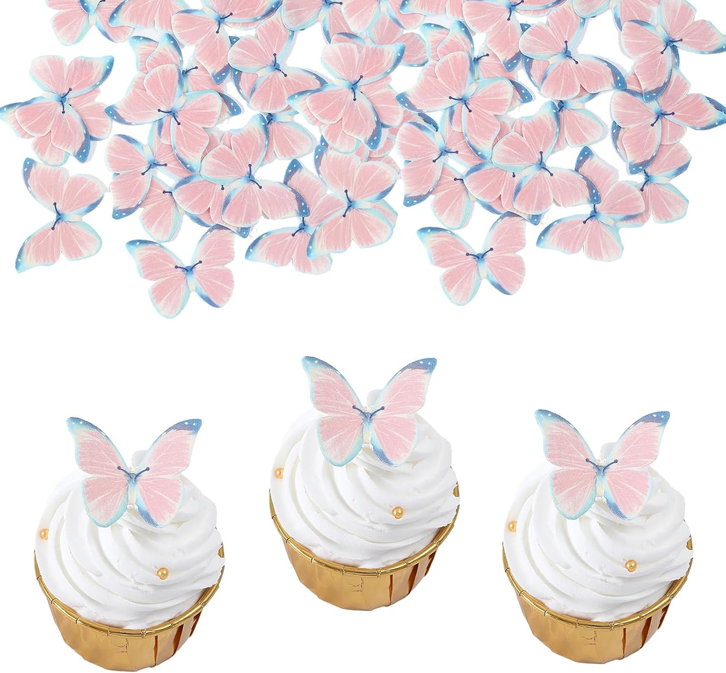 YOcity 48Pcs Edible Butterflies Cake Toppers - Wafer Paper Cupcake Decorations for Wedding, Birthday Party - BLUE