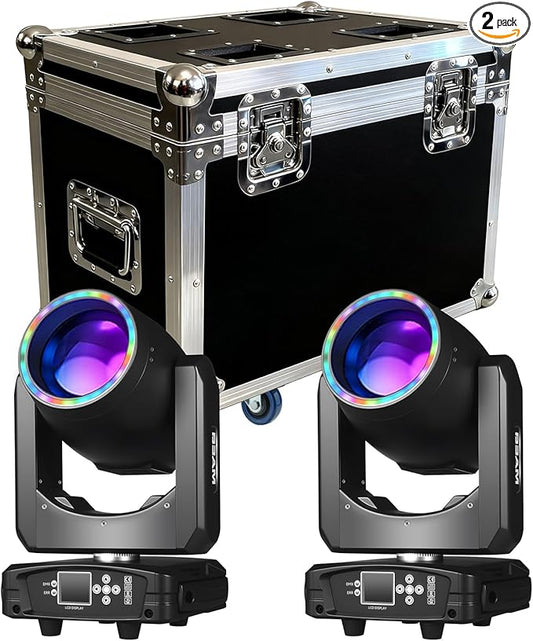MINGJIE 300W Moving Head DJ Lights, 48-Facet Prism Stage Lighting with 15 Gobos & 15 Colors, DMX512 Sound Activated LED Beam Spot for Wedding, Bar, Party, KTV, Stage Show (Flight case +2PCS Light)