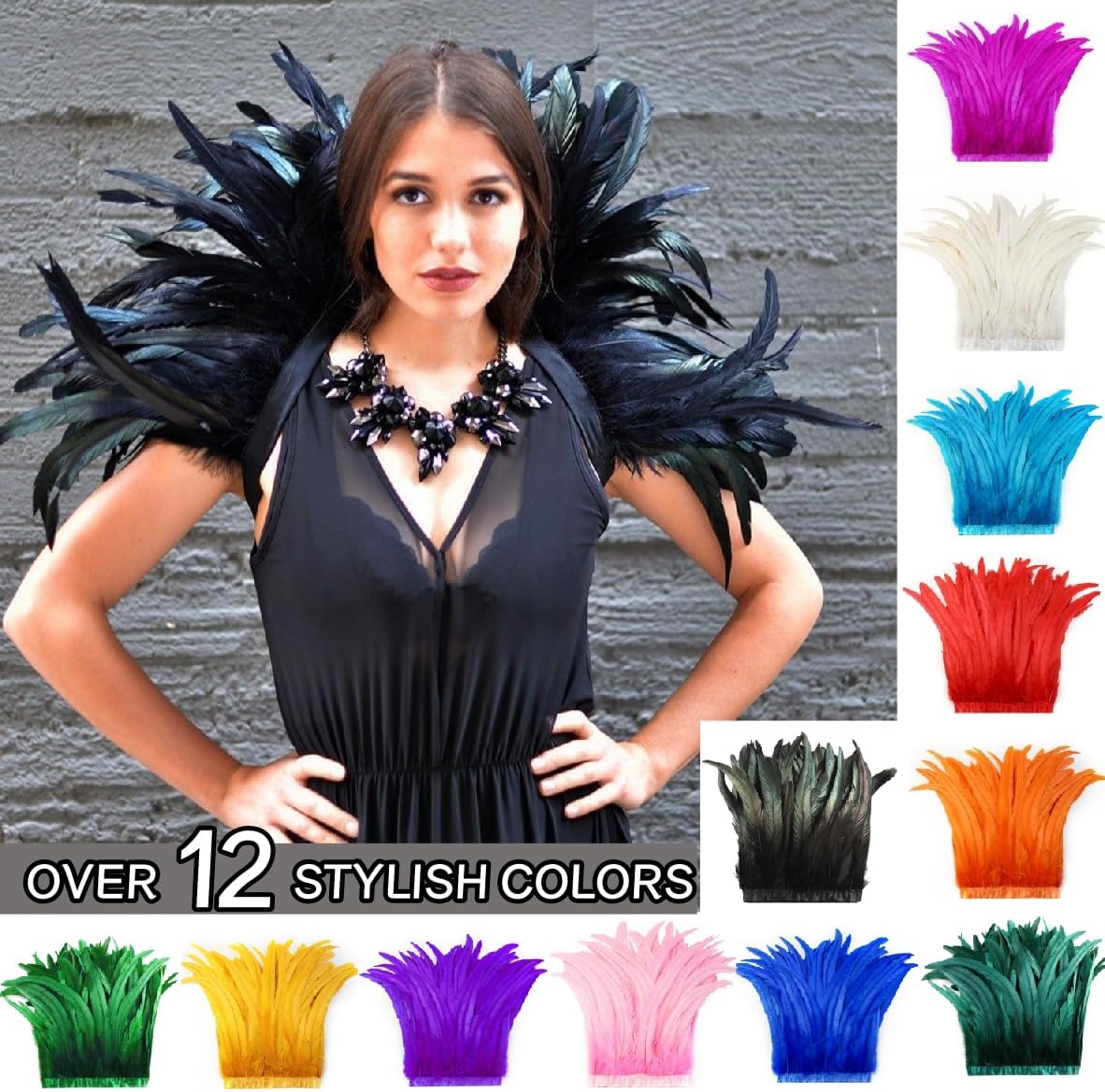 Holmgren Hot Pink Rooster Feather Trim - 10-12inch 2 Yards Natural Rooster Tail Feathers Fringe Trim for DIY Sewing Crafts, Feather Cape Shawl, Headdress, Party Cosplay Costumes Decoration (Hot Pink)