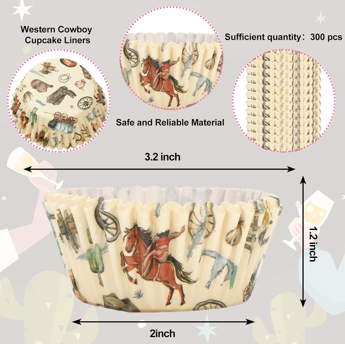 Whaline 300Pcs Western Cowboy Cupcake Liners Western Theme Paper Baking Cup Retro Wild West Cowboy Horse Muffin Liner Wrapper 2 x 1.2 Inch Cake Storage Container for Baby Shower Birthday Party