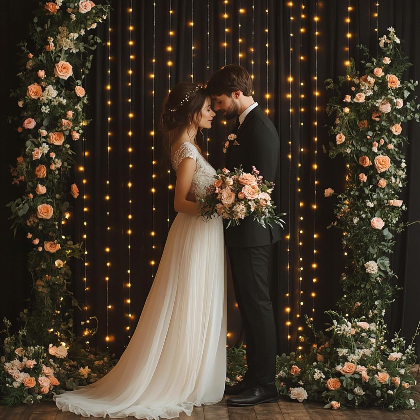 Black Tulle Backdrop Curtain with Lights String - 10x10ft Sheer Backdrop with 300 LEDs for Halloween, Wedding, Bridal Shower, Birthday Party Photo Shoot Background and Home Decorations