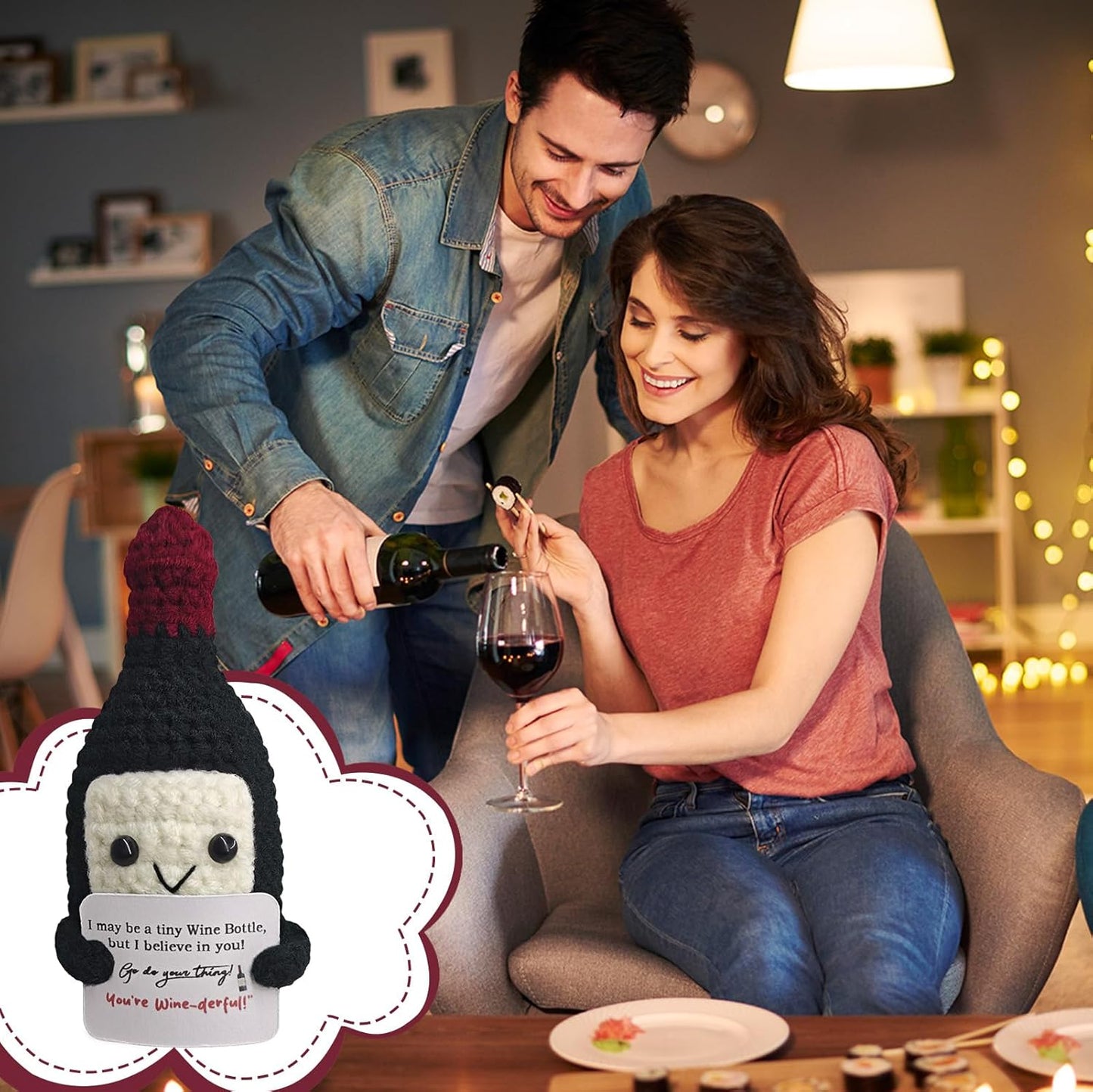 Funny Crochet Mini Wine Gift,Birthday Gift for Wine Lovers,Emotional Support Crochet,Cute Handmade Positive Crochets,Home Bar Happy Hour Accessories for Men Women Drinkers,Housewarming Gifts