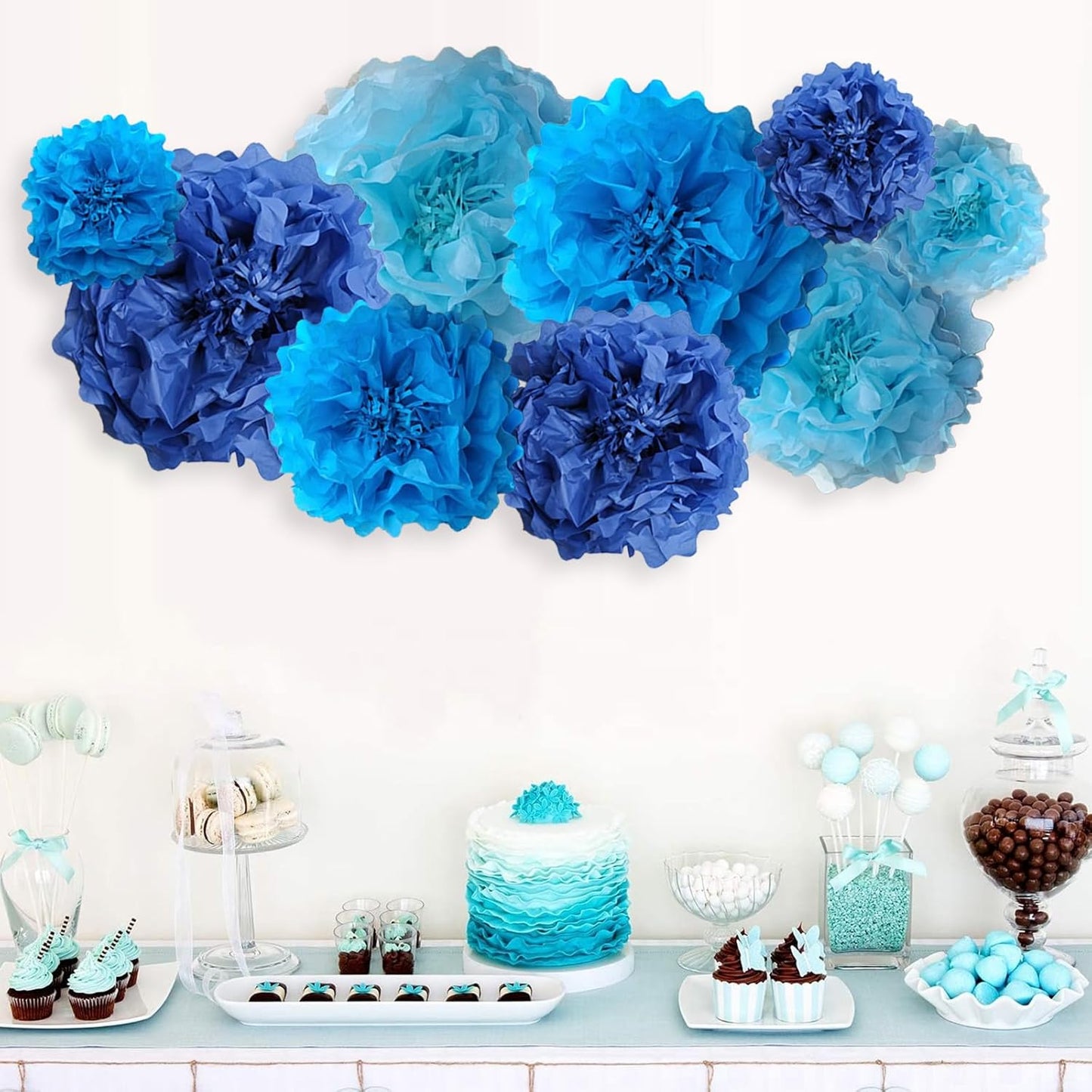 Blue Paper Flower Pom Poms Wall Decorations for Baby Showers, Weddings, Birthdays, Bridal, Tea Parties, Engagement, Home Decor