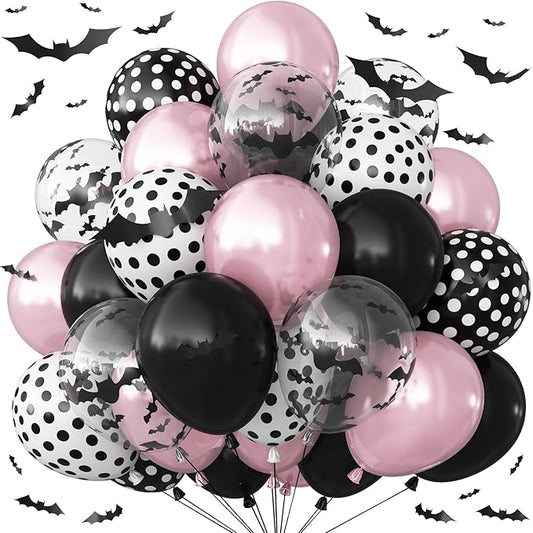 Halloween Balloons Pink and Black Balloon with 3D Bat Stickers Bat Print Balloons and Polka Dot Balloon for Girls Night Pink Halloween Ghost Spooky One Scary Birthday Baby Shower Party Decor