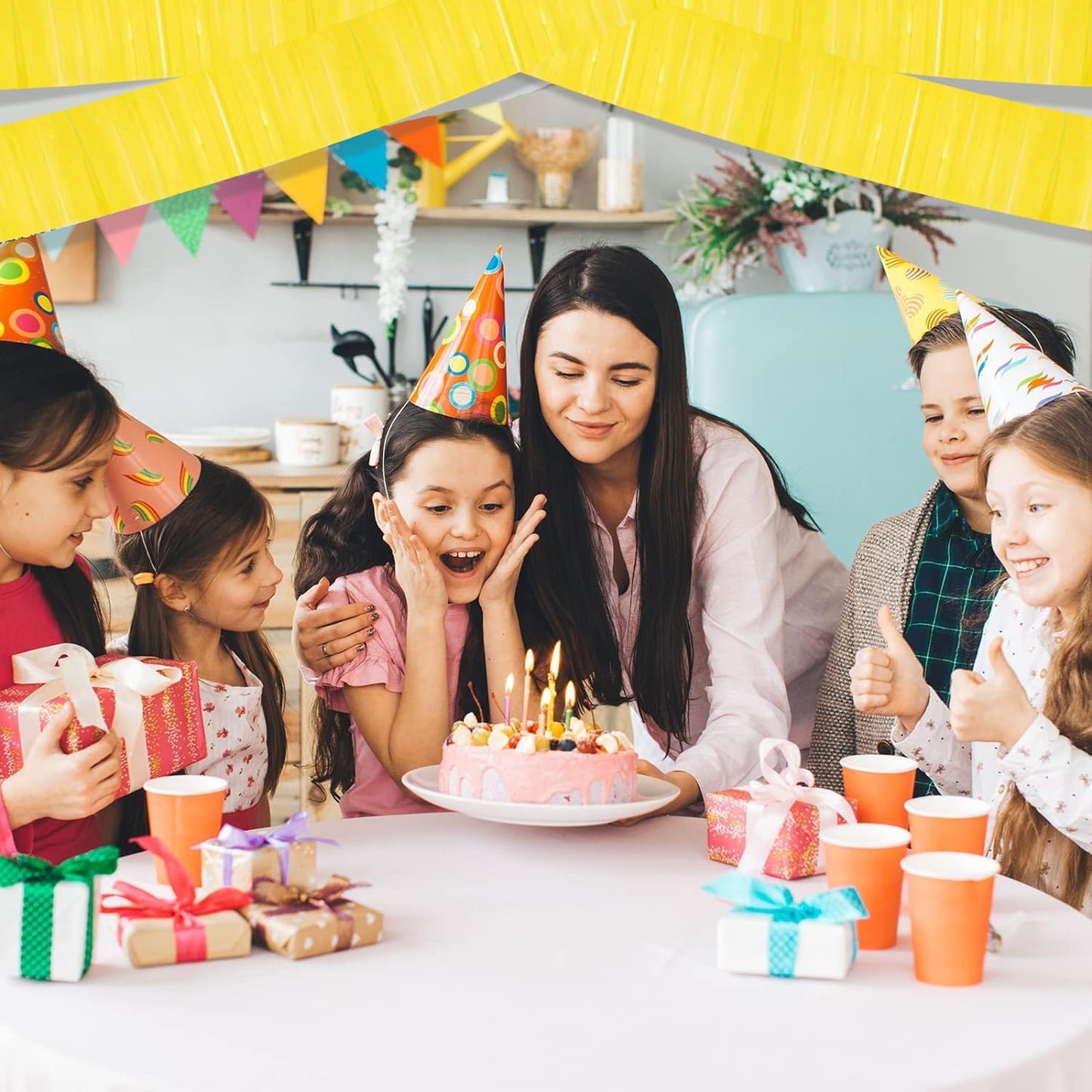 4P Metallic Foil Fringe Tinsel Streamer Banner Table Skirts for Rectangle Tables Backdrop Garland Curtains for Parade Floats Wedding Graduation Anniversary Birthday Parties Decoration (Makaron Yellow)