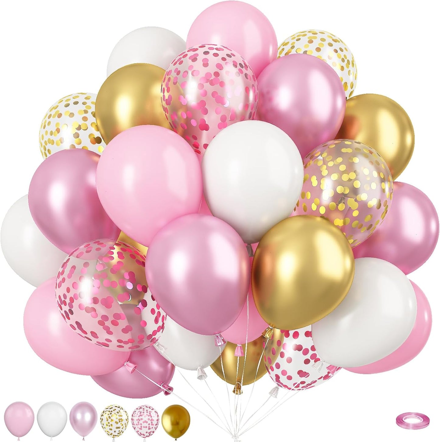 Pink and Gold Balloons, 12 Inch Pink White Metallic Chrome Gold Confetti Pink Latex Balloons with Ribbon Pink Gold Party Balloons Set for Girls Baby Shower Birthday Princess Party Decorations