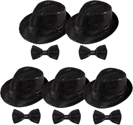 10 Pcs Unisex Sequin Fedora Hat Sequin Bow Ties Set Bling Retro Dance Jazz Cap Funky Party Costume Fedora