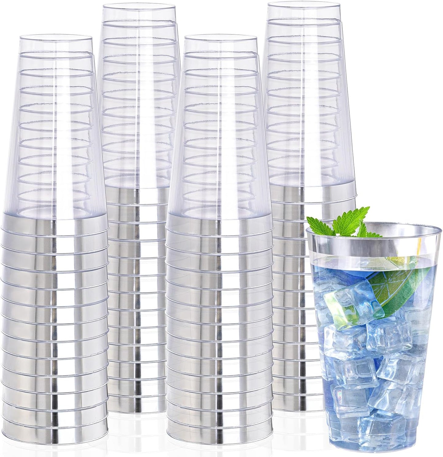 I00000 16 oz Silver Plastic Cups, 50 Pack Clear Plastic Cups,Silver Rimmed Disposable Cup, Heavy-duty Disposable Tumblers Perfect for Party, Holiday, Wedding & Birthday