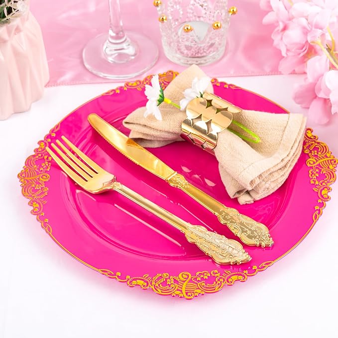 125PCS Hot Pink Plastic Plates - Pink Disposable Plate - Elegant Party Plates with Gold Plastic Silverware Sets for 25 Guests for Valentine's Day Party & Birthday & Baby Shower