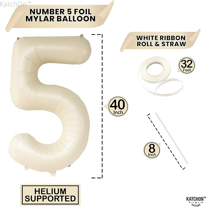 KatchOn, Gaint Cream White 5 Balloon Number - 40 Inch | 5 Birthday Balloon Decor | 5th Birthday Decorations for Boys | Creme Number 5 Balloon | 5 Year Old Balloon for 5th Anniversary Party Supplies