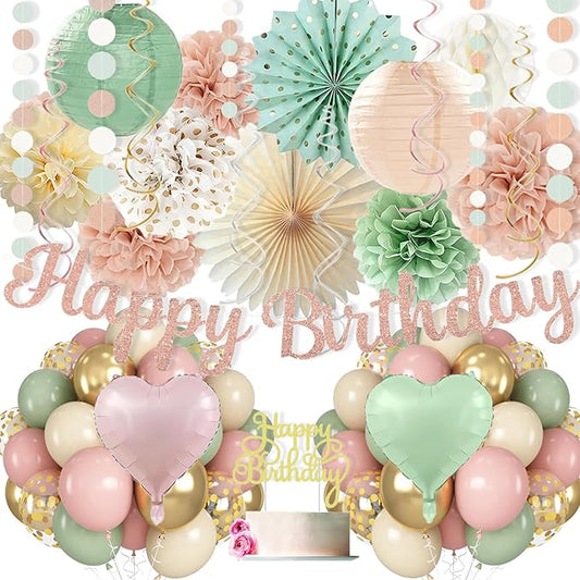 Sage-Green Blush-Pink Birthday Decorations for Women Girls, Cream Light Beige Happy Banner, Paper Lanterns Pom Poms, Olive Green Dusty Pink Balloons, Boho Fairy Anniversary Princess Party Décor