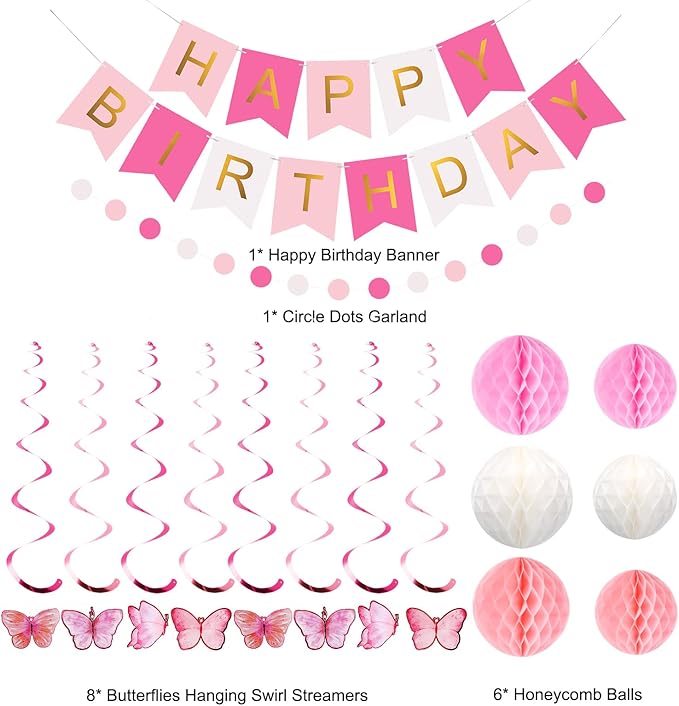 meowtastic Birthday Decorations, Happy Birthday Banner with Honeycomb Balls, Butterfly Hanging Swirl Streamers, Circle Dots Garland, Happy Birthday Party Decorations for Women Girls (Pink & White)