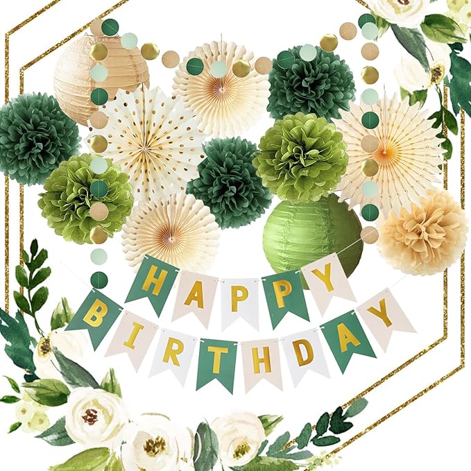 Green Birthday Party Decorations Olive Green Birthday Cream Tissue Pom Poms Paper Lanterns Circle Garland Hanging Paper Fans for Girls Women Neutral Boho Birth Day Decorations