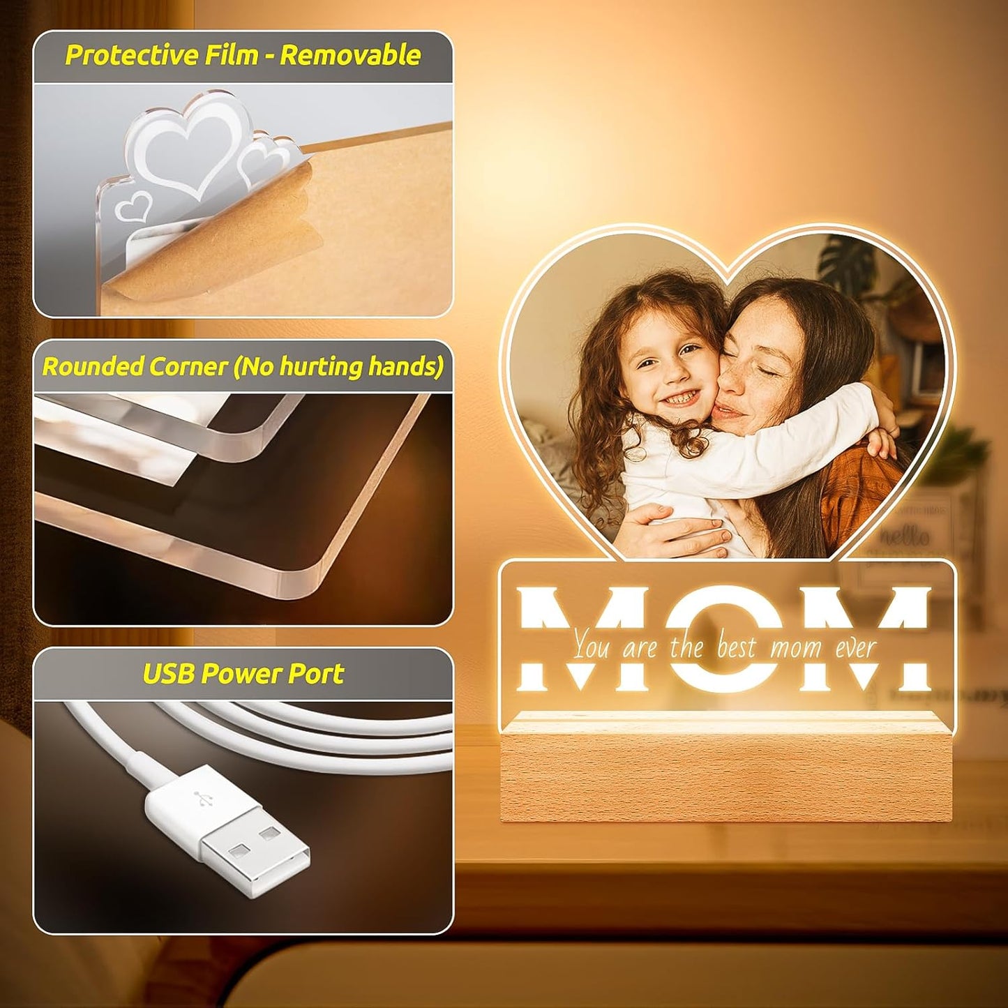 Personalized Birthday Gifts for Mom from Daughter and Son, Custom Heart Picture Frames with Photo, Personalized Photo Frame with Night Light, Customized Mom Gifts for Baby Kids Family