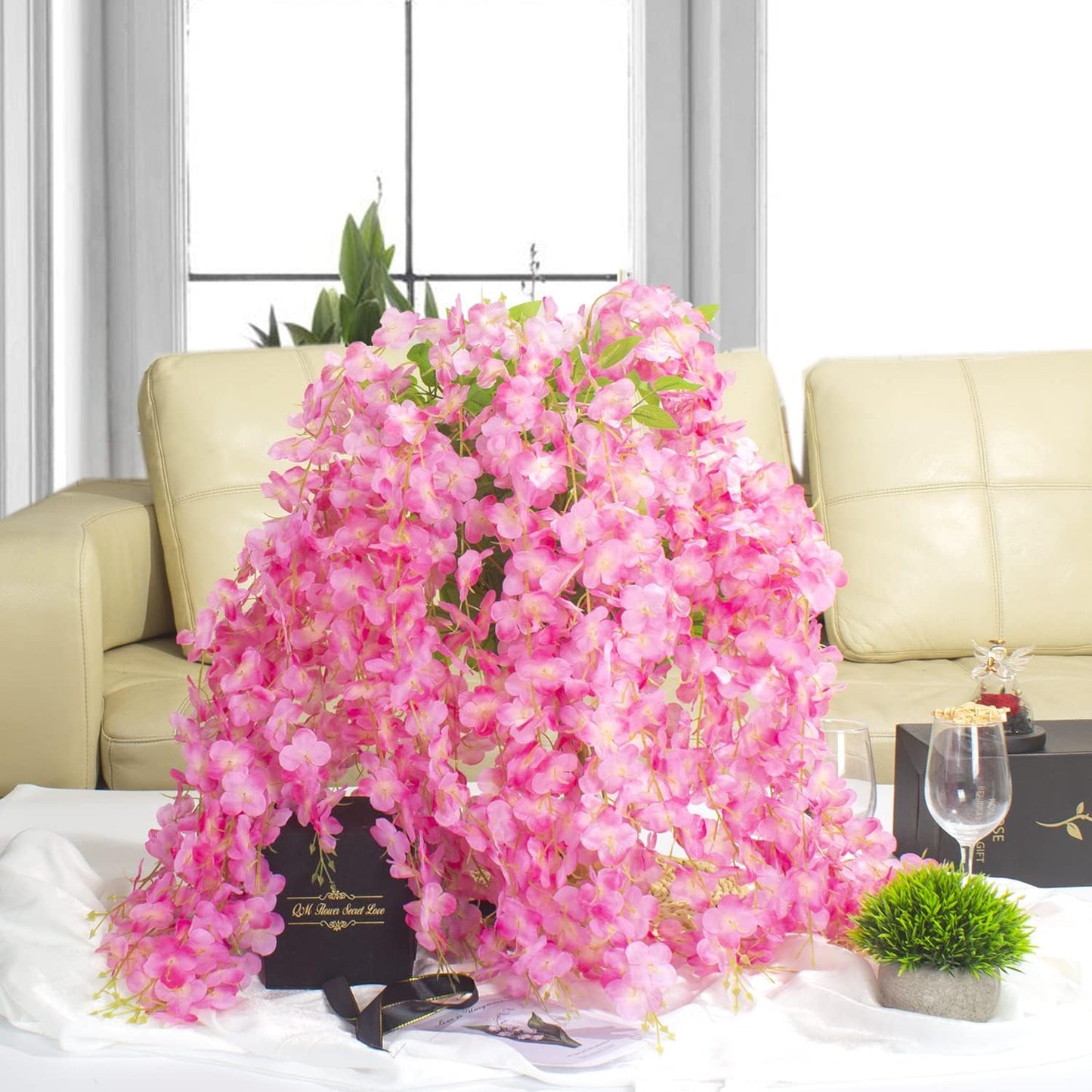 24 Pack Artificial Fake Wisteria Vine Ratta (3.75 Feet) Hanging Garland Silk Flowers String Home Party Wedding Decor (Deep Pink)