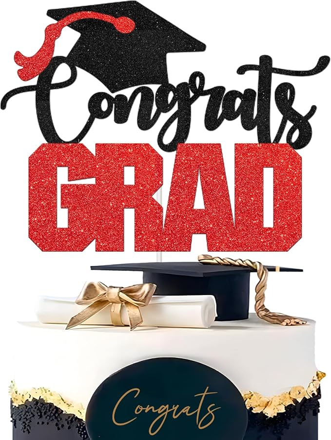 Congrats Grad Cake Topper - High Sohool/College Graduation Party Decoration Supplies - Congratulations Class of 2025 Party Cake Decorations (Red)