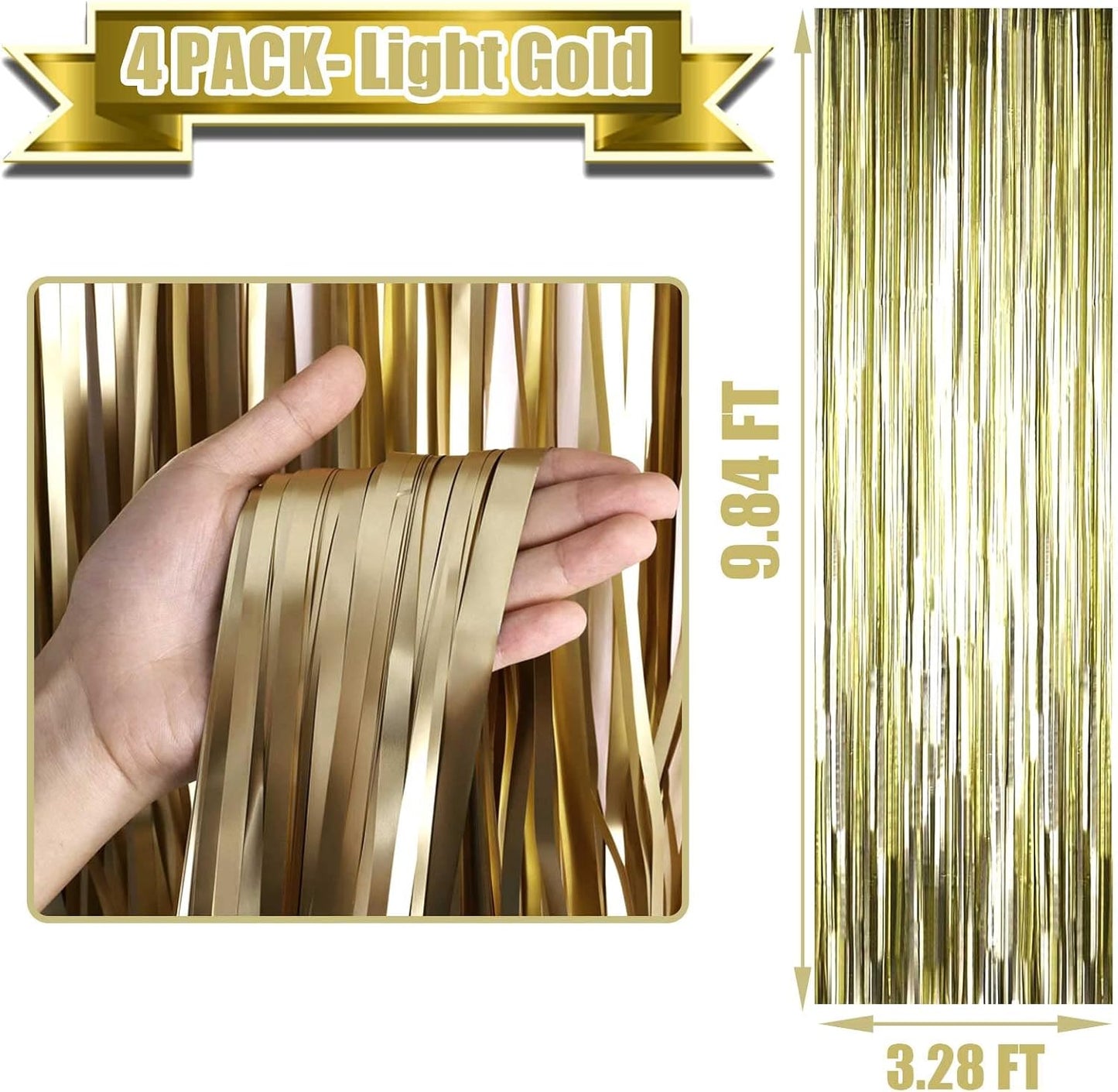 4 Pack Light Gold Foil Fringe Curtain Backdrop, 3.28Ft x 9.84Ft Metallic Tinsel Streamers Curtains for Party, Photo Booth Props, Birthday, 2022 Graduation Decoration Supplies