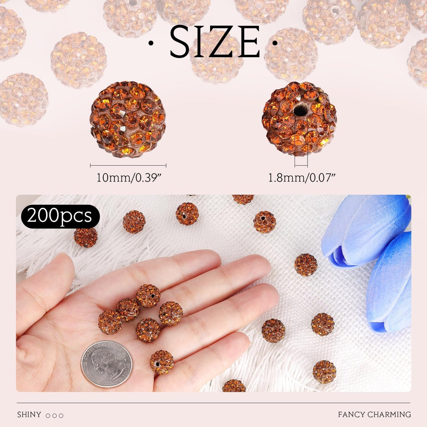 200pcs 10mm Brown Rhinestone Beads for Jewelry Making, Shiny Round Shamballa Disco Ball Beads Bulk, Sparkle Crystal Clay Christmas for Bracelet Baseball Necklace Earring Crafting and DIY