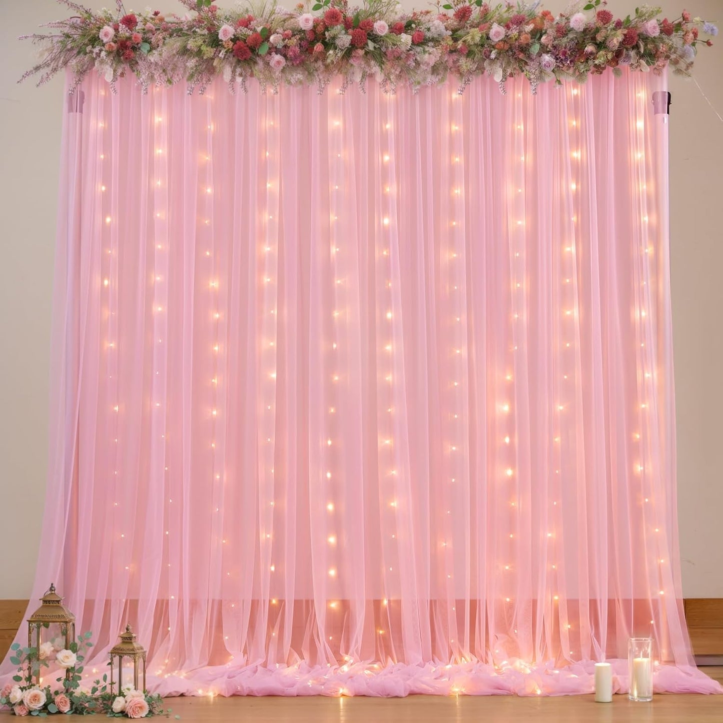Sheer Backdrop Curtains with Lights String for Weddings Baby Showers, 10x8ft Sheer Tulle Photo Backdrop Curtains for Birthday Party Photography Background Decoration, Pink