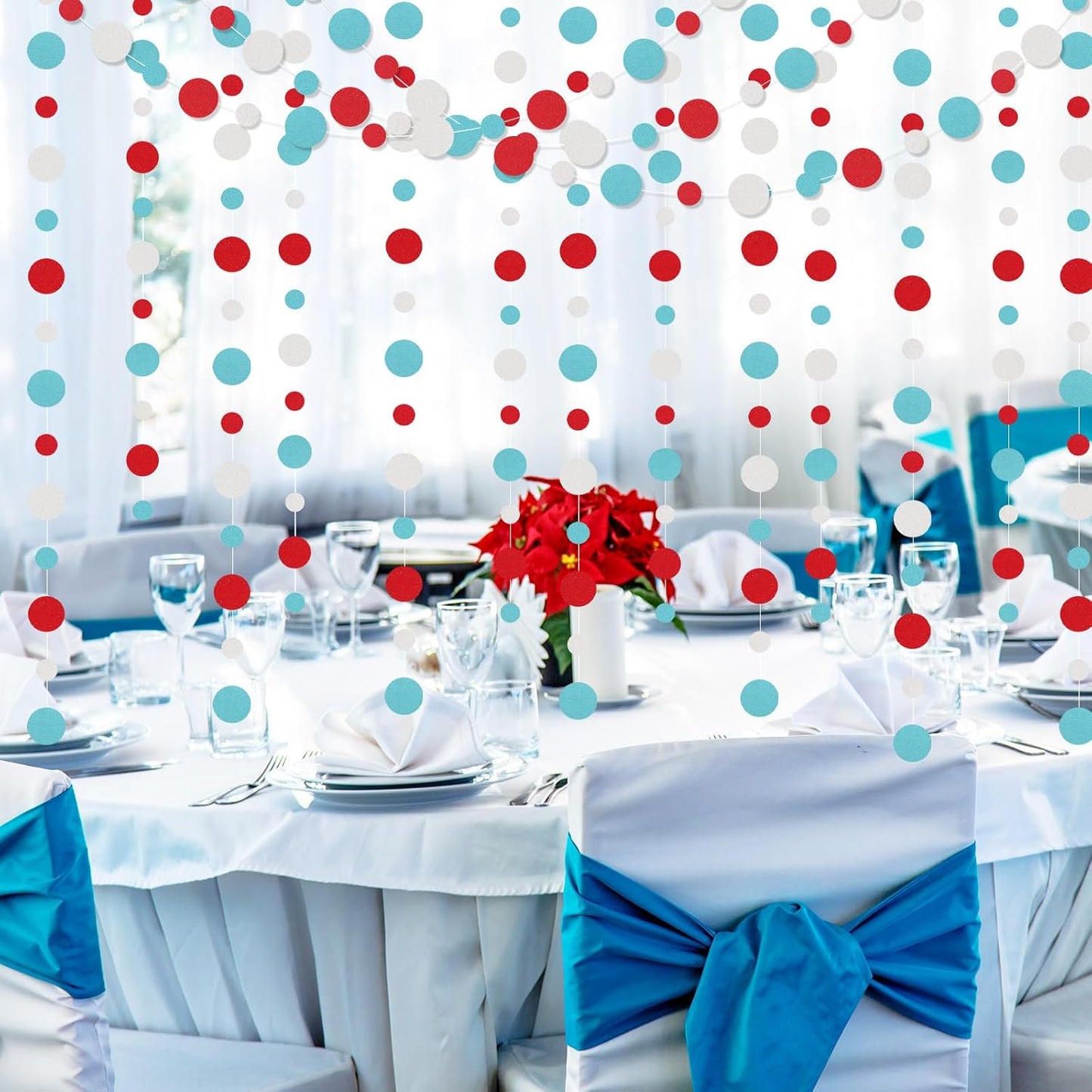 Outus 10 Pieces Colorful Dots Paper Garland Round Glitter Garland Hanging Confetti Streamers Backdrop for Candy Birthday Classroom Halloween Trunk or Treat Car Decoration (Light Blue,White,Red)